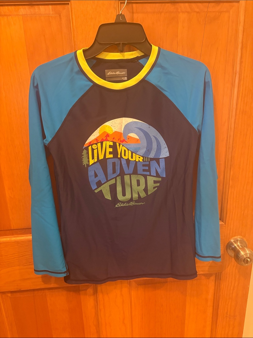 Eddie Bauer Navy Rash Guard with Blue Sleeves and Yellow Trim
